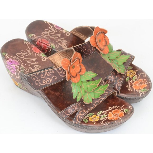 Corkys Hand Painted Floral Leather Slip-On Wedge Heel Sandal Boho Colorful Sz 10 - Picture 4 of 11